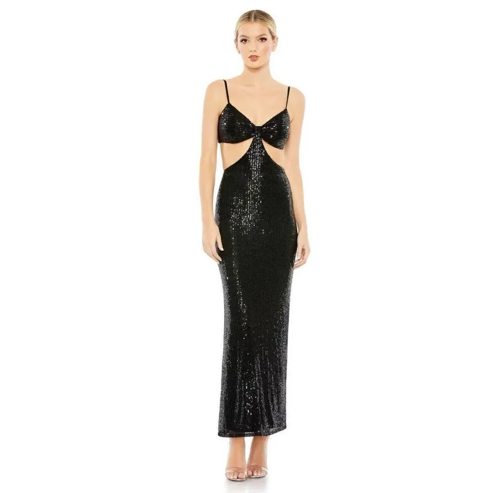 NWT Mac Duggal dress 70130. Cutout Waist black Sequin Formal Gown.  Size 4